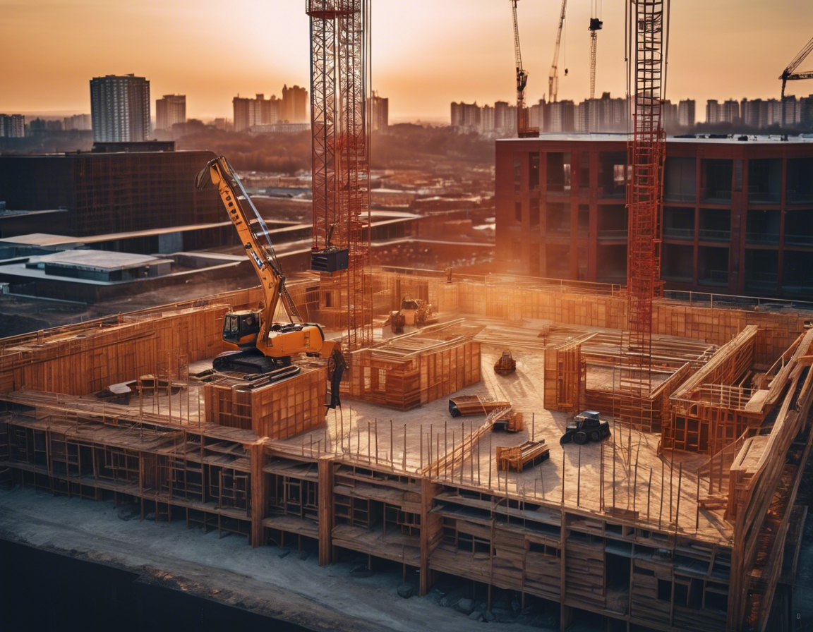 Show a highly realistic photo of a construction site at sunset.